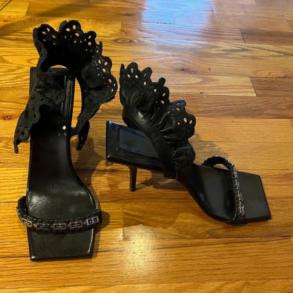 Givenchy Logo Embellished BRODE4G Ruffle Slingback Sandals Heels Sz 41